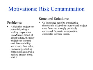 Motivations: Risk Contamination
Problems:
• A high risk project can
potentially drag a
healthy corporation
into distress. Short of
actual failure, the risky
project can increase
cash flow volatility
and reduce firm value.
Conversely, a failing
corporation can drag a
healthy project along
with it.
Structural Solutions:
• Co-insurance benefits are negative
(increase in risk) when sponsor and project
cash flows are strongly positively
correlated. Separate incorporation
eliminates increase in risk.
 