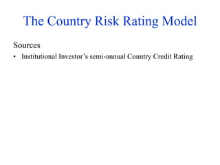 The Country Risk Rating Model
Sources
• Institutional Investor’s semi-annual Country Credit Rating
 