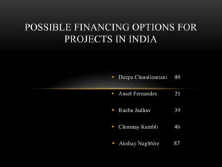  Deepa Chandiramani 08
 Ansel Fernandes 21
 Rucha Jadhav 39
 Chinmay Kambli 46
 Akshay Nagbhire 87
POSSIBLE FINANCING OPTIONS FOR
PROJECTS IN INDIA
 