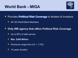 World Bank - MIGAProvides Political Risk Coverage to lenders & InvestorsAll 163 World Bank MembersOnly WB agency that offers Political Risk CoverageUp to 95% of debt serviceMax. $200 MillionPremiums range from 0.5 – 1.75%15 years duration