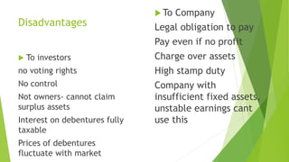 Disadvantages
 To investors
no voting rights
No control
Not owners- cannot claim
surplus assets
Interest on debentures fully
taxable
Prices of debentures
fluctuate with market
 To Company
Legal obligation to pay
Pay even if no profit
Charge over assets
High stamp duty
Company with
insufficient fixed assets,
unstable earnings cant
use this
 