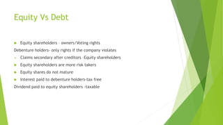 Equity Vs Debt
 Equity shareholders – owners/Voting rights
Debenture holders- only rights if the company violates
 Claims secondary after creditors –Equity shareholders
 Equity shareholders are more risk takers
 Equity shares do not mature
 Interest paid to debenture holders-tax free
Dividend paid to equity shareholders -taxable
 