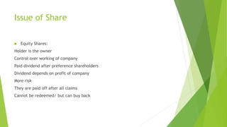 Issue of Share
 Equity Shares:
Holder is the owner
Control over working of company
Paid dividend after preference shareholders
Dividend depends on profit of company
More risk
They are paid off after all claims
Cannot be redeemed/ but can buy back
 