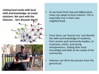 • As we know from Iraq and Afghanistan,
many can adapt to local cultures. This is
especially true in their own
neighborhood.
• From there, we ‘branch out’ and identify
the skills and knowledge of residents,
from seniors and community leaders, to
musicians, artists, and young
entrepreneurs…linking their local
knowledge and skills to the needs of the
community.
• Veterans can drive the process from the
ground up!
Linking local needs with local
skills and knowledge, to create
solutions. We start with the
Veterans - let’s discover them!
 