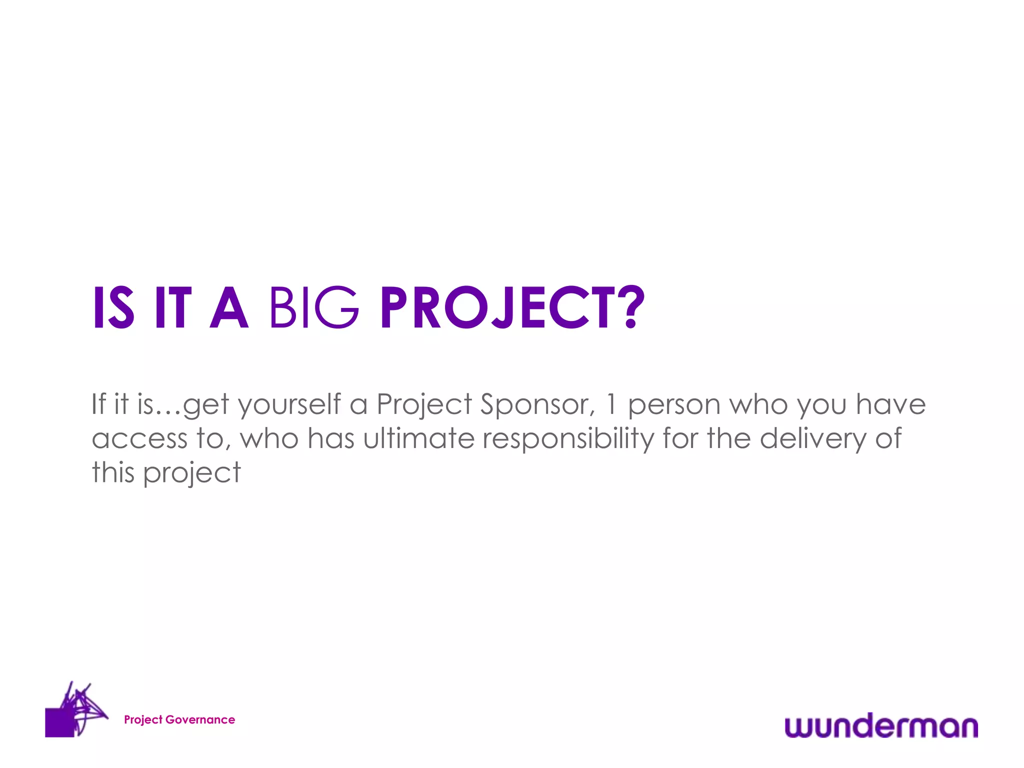 IS IT A BIG PROJECT?
If it is…get yourself a Project Sponsor, 1 person who you have
access to, who has ultimate responsibility for the delivery of
this project




  Project Governance
 