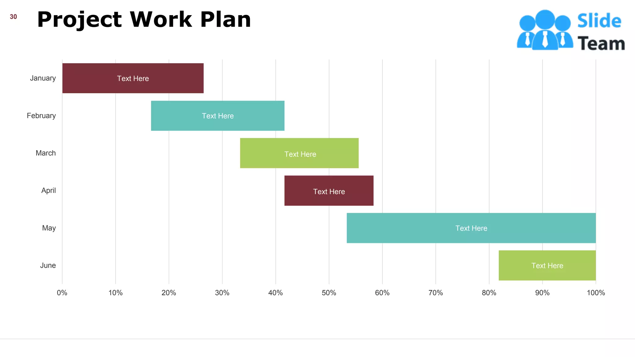 Project Work Plan
30
Text Here
Text Here
Text Here
Text Here
Text Here
Text Here
0% 10% 20% 30% 40% 50% 60% 70% 80% 90% 100%
June
May
April
March
February
January
This slide is 100% editable. Adapt it your needs and capture your audience’s attention.
 