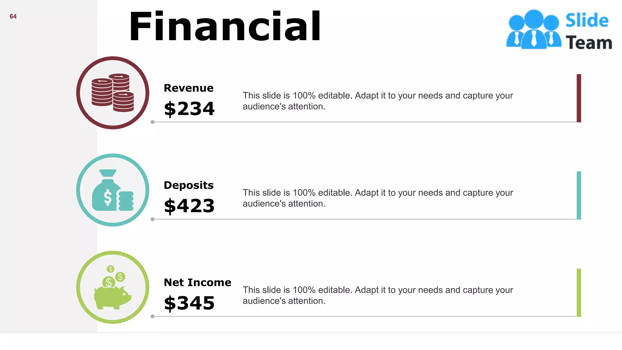 Deposits
$423
This slide is 100% editable. Adapt it to your needs and capture your
audience's attention.
Net Income
$345
This slide is 100% editable. Adapt it to your needs and capture your
audience's attention.
Revenue
$234
This slide is 100% editable. Adapt it to your needs and capture your
audience's attention.
Financial
64
 