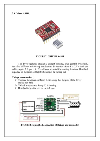 3.4 Driver A4988
FIGURE7. DRIVER A4988
The driver features adjustable current limiting, over current protection,
and five different micro step resolutions. It operates from 8 – 35 V and can
deliver up to 2 A per coil. Five drivers are used for running 5 motors. Heat bed
is pasted on the ramp so that IC should not be burned out.
Things to remember:
 To place the driver on Ramp 1.4 in a way that the pins of the driver
should not bent.
 To look whether the Ramp IC is burning.
 Heat bed to be attached on each driver.
FIGURE8. Simplified connection of Driver and controller
 