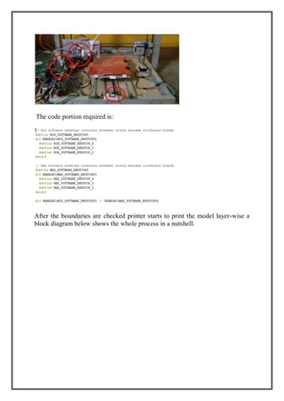 The code portion required is:
After the boundaries are checked printer starts to print the model layer-wise a
block diagram below shows the whole process in a nutshell.
 
