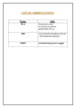LIST OF ABBREVIATIONS
Name Abb.
PLA Poly(lactic acid)
or polylactic acid or
polylactide (PLA)
ABS Acrylonitrile butadiene styrene
- thermoplastic polymer
SMPS switched-mode power supply
 