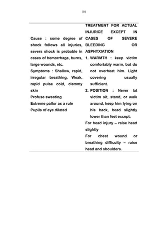 Cause : some degree of
shock follows all injuries,
severs shock is probable in
cases of hemorrhage, burns,
large wounds, etc.
Symptoms : Shallow, rapid,
irregular breathing. Weak,
rapid pulse cold, clammy
skin
Profuse sweating
Extreme pallor as a rule
Pupils of eye dilated
TREATMENT FOR ACTUAL
INJURICE EXCEPT IN
CASES OF SEVERE
BLEEDING OR
ASPHYXIATION
1. WARMTH : keep victim
comfortably warm, but do
not overheat him. Light
covering usually
sufficient.
2. POSITION : Never lat
victim sit, stand, or walk
around, keep him lying on
his back, head slightly
lower than feet except.
For head injury – raise head
slightly
For chest wound or
breathing difficulty – raise
head and shoulders.
101
 