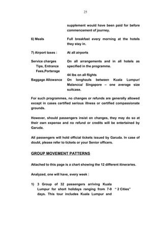 supplement would have been paid for before
commencement of journey.
6) Meals Full breakfast every morning at the hotels
they stay in.
7) Airport taxes : At all airports
Service charges
Tips, Entrance
Fees,Porterage
On all arrangements and in all hotels as
specified in the programme.
Baggage Allowance
44 lbs on all flights
On longhauls between Kuala Lumpur/
Malancca/ Singapore – one average size
suitcase.
For such programmes, no changes or refunds are generally allowed
except in cases certified serious illness or certified compassionate
grounds.
However, should passengers insist on changes, they may do so at
their own expense and no refund or credits will be entertained by
Garuda.
All passengers will hold official tickets issued by Garuda. In case of
doubt, please refer to tickets or your Senior officers.
GROUP MOVEMENT PATTERNS
Attached to this page is a chart showing the 12 different itineraries.
Analyzed, one will have, every week :
1) 3 Group of 32 passengers arriving Kuala
Lumpur for short holidays ranging from 7-9
days. This tour includes Kuala Lumpur and
“ 2 Cities”
25
 