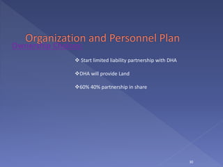 30
Ownership Choices:
 Start limited liability partnership with DHA
DHA will provide Land
60% 40% partnership in share
 