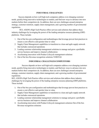 15
INDUSTRIAL CHALLENGES
Success depends on how well high-tech companies address ever-changing customer
needs, quickly bring innovative technologies to market, and find new ways to advance into new
markets before their competitors do. In addition, there are new challenges around enterprise
strategy, customer retention, supply chain management, and a growing number of governmental
regulations.
HCL AXON's High Tech Practice offers services and solutions that address these
industry challenges by leveraging the power of the leading enterprise resource planning (ERP)
platforms. These include:
1. Out of the box pre-configuration and methodologies that leverage proven best practices to
ensure a cost effective and quicker time to value
2. Supply Chain Management capabilities to transform to a lean and agile supply network
that includes outsourced operations
3. Leading customer relationship management solutions to manage and grow a profitable
service business and improve channel collaboration
4. Accelerating innovation with Product Lifecycle management solutions
5. Out of the box Revenue recognition solutions VERITAS
INDUSTRIAL CHALLENGES/COMPETITORS
Success depends on how well high-tech companies address ever-changing customer
needs, quickly bring innovative technologies to market, and find new ways to advance into new
markets before their competitors do. In addition, there are new challenges around enterprise
strategy, customer retention, supply chain management, and a growing number of governmental
regulations.
HCL AXON's High Tech Practice offers services and solutions that address these industry
challenges by leveraging the power of the leading enterprise resource planning (ERP) platforms.
These include:
1. Out of the box pre-configuration and methodologies that leverage proven best practices to
ensure a cost effective and quicker time to value
2. Supply Chain Management capabilities to transform to a lean and agile supply network
that includes outsourced operations
3. Leading customer relationship management solutions to manage and grow a profitable
service business and improve channel collaboration
4. Accelerating innovation with Product Lifecycle management solutions Out of the box
Revenue recognition solutions
 
