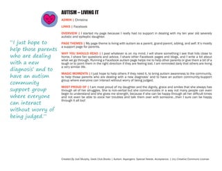 AUTISM – LIVING IT
ADMIN | Christina
LINKS | Facebook

“I just hope to
help those parents
who are dealing
with a new
diagnosis’ and to
have an autism
community
support group
where everyone
can interact
without worry of
being judged.”

OVERVIEW | I started my page because I really had no support in dealing with my ten year old severely
autistic and epileptic daughter.
PAGE THEMES | My page theme is living with autism as a parent, grand-parent, sibling, and self. It’s mostly
a support page for parents.
WHY YOU SHOULD READ | I post whatever is on my mind. I will share something I see that hits close to
home, I share fan questions and advice, I share other Facebook pages and blogs, and I write a bit about
what we go through. Running a Facebook autism page helps me to help other parents or give them a bit of a
laugh or to point them in the right direction if they are feeling lost. I am reminded daily that others are living
a very similar life.
MAGIC MOMENTS | I just hope to help others if they need it, to bring autism awareness to the community,
to help those parents who are dealing with a new diagnosis’ and to have an autism community/support
group where everyone can interact without worry of being judged.
MOST PROUD OF | I am most proud of my daughter and the dignity, grace and smiles that she always has
through all of her struggles. She is non-verbal but she communicates in a way not many people can even
begin to understand and she gives me strength, because if she can be happy through all her difficult times
and not even be able to voice her troubles and talk them over with someone…then I sure can be happy
through it all too!

Created By Jodi Murphy, Geek Club Books | Autism. Aspergers. Special Needs. Acceptance. | (cc) Creative Commons License

 