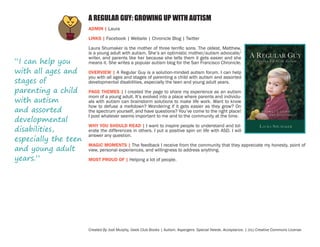 A REGULAR GUY: GROWING UP WITH AUTISM
ADMIN | Laura
LINKS | Facebook | Website | Chronicle Blog | Twitter

“I can help you
with all ages and
stages of
parenting a child
with autism
and assorted
developmental
disabilities,
especially the teen
and young adult
years.”

Laura Shumaker is the mother of three terrific sons. The oldest, Matthew,
is a young adult with autism. She’s an optimistic mother/autism advocate/
writer, and parents like her because she tells them it gets easier and she
means it. She writes a popular autism blog for the San Francisco Chronicle.
OVERVIEW | A Regular Guy is a solution-minded autism forum. I can help
you with all ages and stages of parenting a child with autism and assorted
developmental disabilities, especially the teen and young adult years.
PAGE THEMES | I created the page to share my experience as an autism
mom of a young adult. It’s evolved into a place where parents and individuals with autism can brainstorm solutions to make life work. Want to know
how to defuse a meltdown? Wondering if it gets easier as they grow? On
the spectrum yourself, and have questions? You’ve come to the right place!
I post whatever seems important to me and to the community at the time.
WHY YOU SHOULD READ | I want to inspire people to understand and tolerate the differences in others. I put a positive spin on life with ASD. I will
answer any question.
MAGIC MOMENTS | The feedback I receive from the community that they appreciate my honesty, point of
view, personal experiences, and willingness to address anything.
MOST PROUD OF | Helping a lot of people.

Created By Jodi Murphy, Geek Club Books | Autism. Aspergers. Special Needs. Acceptance. | (cc) Creative Commons License

 