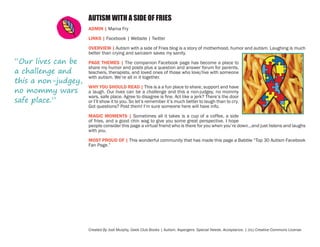 AUTISM WITH A SIDE OF FRIES
ADMIN | Mama Fry
LINKS | Facebook | Website | Twitter

“Our lives can be
a challenge and
this a non-judgey,
no mommy wars
safe place.”

OVERVIEW | Autism with a side of Fries blog is a story of motherhood, humor and autism. Laughing is much
better than crying and sarcasm saves my sanity.
PAGE THEMES | The companion Facebook page has become a place to
share my humor and posts plus a question and answer forum for parents,
teachers, therapists, and loved ones of those who love/live with someone
with autism. We’re all in it together.
WHY YOU SHOULD READ | This is a a fun place to share, support and have
a laugh. Our lives can be a challenge and this a non-judgey, no mommy
wars, safe place. Agree to disagree is fine. Act like a jerk? There’s the door
or I’ll show it to you. So let’s remember it’s much better to laugh than to cry.
Got questions? Post them! I’m sure someone here will have info.
MAGIC MOMENTS | Sometimes all it takes is a cup of a coffee, a side
of fries, and a good chin wag to give you some great perspective. I hope
people consider this page a virtual friend who is there for you when you’re down...and just listens and laughs
with you.
MOST PROUD OF | This wonderful community that has made this page a Babble “Top 30 Autism Facebook
Fan Page.”

Created By Jodi Murphy, Geek Club Books | Autism. Aspergers. Special Needs. Acceptance. | (cc) Creative Commons License

 