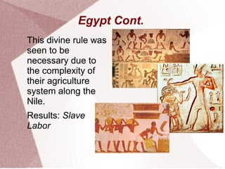 Egypt Cont.
This divine rule was
seen to be
necessary due to
the complexity of
their agriculture
system along the
Nile.
Results: Slave
Labor
 