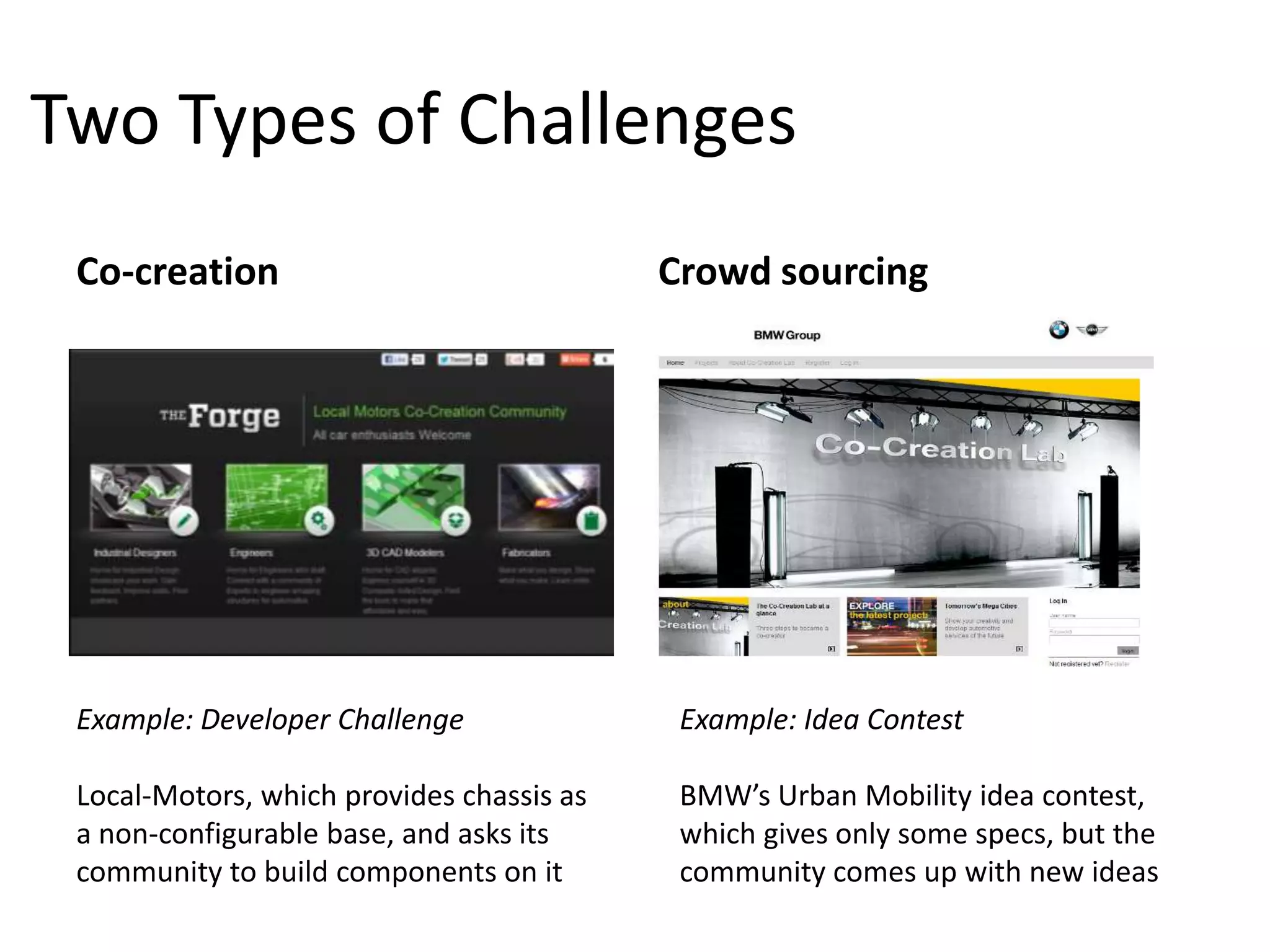 Two Types of Challenges
 Co-creation                               Crowd sourcing




 Example: Developer Challenge               Example: Idea Contest

 Local-Motors, which provides chassis as    BMW’s Urban Mobility idea contest,
 a non-configurable base, and asks its      which gives only some specs, but the
 community to build components on it        community comes up with new ideas
 