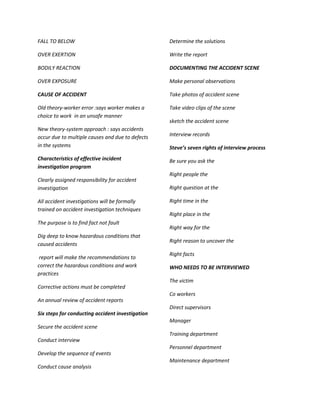 FALL TO BELOW                                     Determine the solutions

OVER EXERTION                                     Write the report

BODILY REACTION                                   DOCUMENTING THE ACCIDENT SCENE

OVER EXPOSURE                                     Make personal observations

CAUSE OF ACCIDENT                                 Take photos of accident scene

Old theory-worker error :says worker makes a      Take video clips of the scene
choice to work in an unsafe manner
                                                  sketch the accident scene
New theory-system approach : says accidents
occur due to multiple causes and due to defects   Interview records
in the systems                                    Steve’s seven rights of interview process
Characteristics of effective incident             Be sure you ask the
investigation program
                                                  Right people the
Clearly assigned responsibility for accident
investigation                                     Right question at the

All accident investigations will be formally      Right time in the
trained on accident investigation techniques
                                                  Right place in the
The purpose is to find fact not fault
                                                  Right way for the
Dig deep to know hazardous conditions that
                                                  Right reason to uncover the
caused accidents
                                                  Right facts
 report will make the recommendations to
correct the hazardous conditions and work         WHO NEEDS TO BE INTERVIEWED
practices
                                                  The victim
Corrective actions must be completed
                                                  Co workers
An annual review of accident reports
                                                  Direct supervisors
Six steps for conducting accident investigation
                                                  Manager
Secure the accident scene
                                                  Training department
Conduct interview
                                                  Personnel department
Develop the sequence of events
                                                  Maintenance department
Conduct cause analysis
 