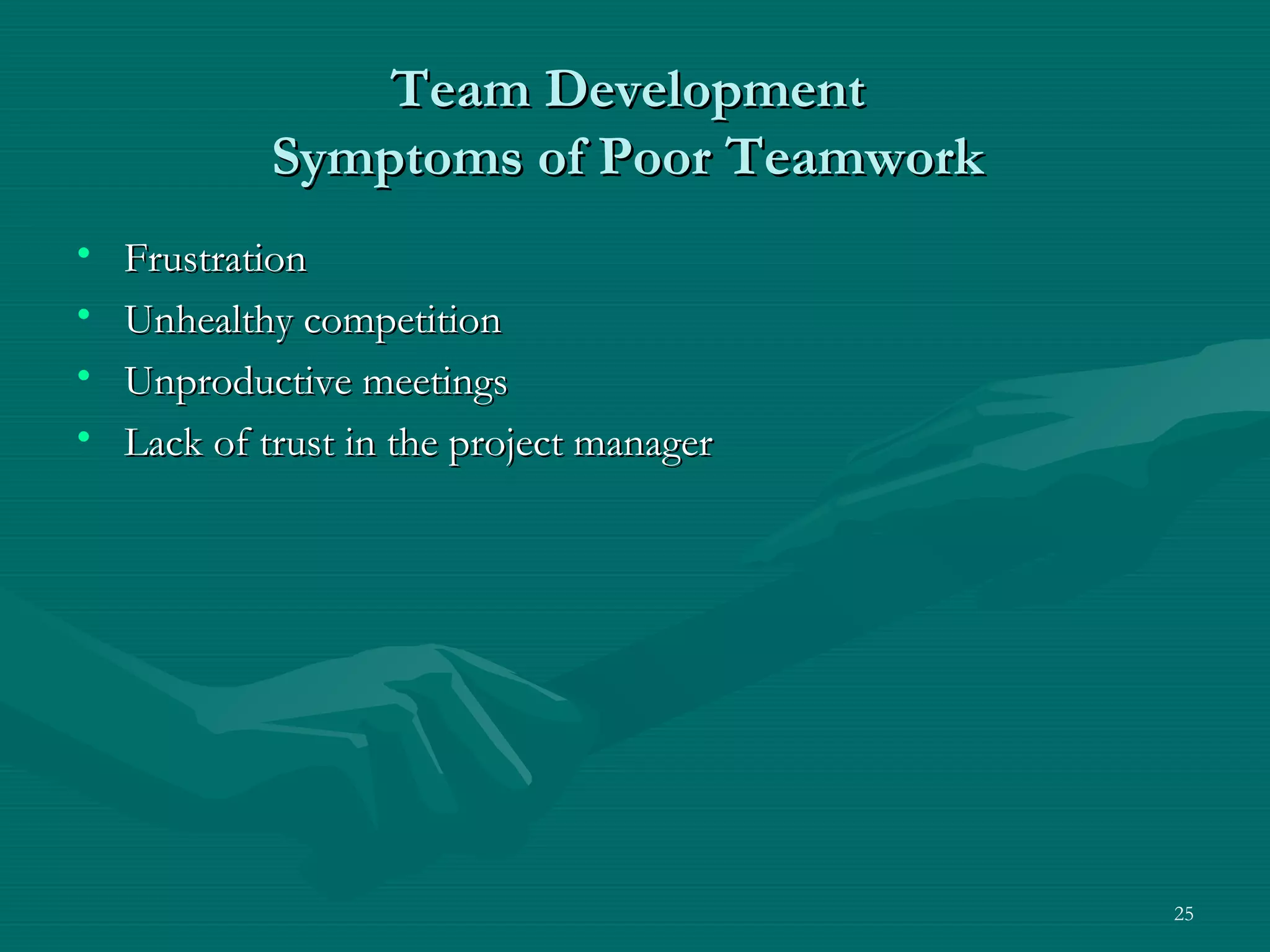 Team Development
            Symptoms of Poor Teamwork
•   Frustration
•   Unhealthy competition
•   Unproductive meetings
•   Lack of trust in the project manager




                                           25
 