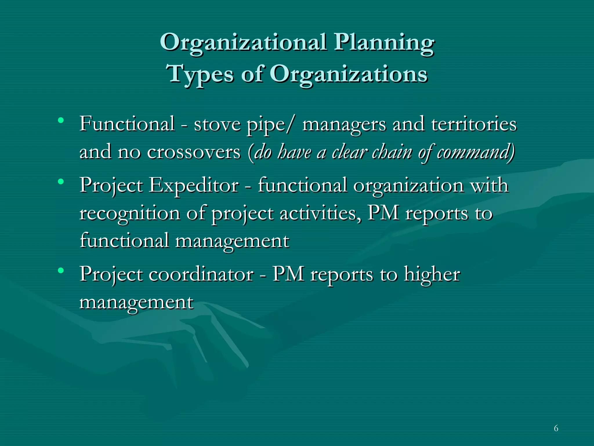 Organizational Planning
            Types of Organizations
• Functional - stove pipe/ managers and territories
  and no crossovers (do have a clear chain of command)
• Project Expeditor - functional organization with
  recognition of project activities, PM reports to
  functional management
• Project coordinator - PM reports to higher
  management




                                                         6
 