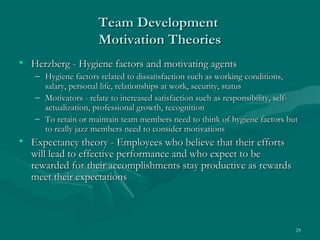Team Development
                     Motivation Theories
• Herzberg - Hygiene factors and motivating agents
   – Hygiene factors related to dissatisfaction such as working conditions,
     salary, personal life, relationships at work, security, status
   – Motivators - relate to increased satisfaction such as responsibility, self-
     actualization, professional growth, recognition
   – To retain or maintain team members need to think of hygiene factors but
     to really jazz members need to consider motivations
• Expectancy theory - Employees who believe that their efforts
  will lead to effective performance and who expect to be
  rewarded for their accomplishments stay productive as rewards
  meet their expectations



                                                                               29
 