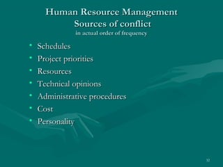 Human Resource Management
          Sources of conflict
              in actual order of frequency

•   Schedules
•   Project priorities
•   Resources
•   Technical opinions
•   Administrative procedures
•   Cost
•   Personality



                                             32
 