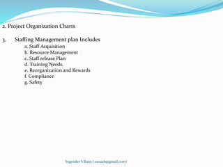 2. Project Organization Charts 
3. Staffing Management plan Includes 
a. Staff Acquisition 
b. Resource Management 
c. Staff release Plan 
d. Training Needs. 
e. Reorganization and Rewards 
f. Compliance 
g. Safety 
Yogender S Rana ( rana26@gmail.com) 
 
