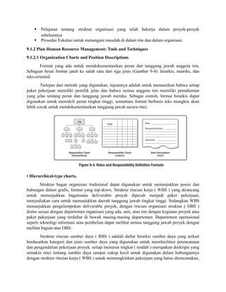  Pelajaran tentang struktur organisasi yang telah bekerja dalam proyek-proyek
sebelumnya
 Prosedur Eskalasi untuk menangani masalah di dalam tim dan dalam organisasi.
9.1.2 Plan Human Resource Management: Tools and Techniques
9.1.2.1 Organization Charts and Position Descriptions
Format yang ada untuk mendokumentasikan peran dan tanggung jawab anggota tim.
Sebagian besar format jatuh ke salah satu dari tiga jenis (Gambar 9-4): hirarkis, matriks, dan
teks-oriented.
Terlepas dari metode yang digunakan, tujuannya adalah untuk memastikan bahwa setiap
paket pekerjaan memiliki pemilik jelas dan bahwa semua anggota tim memiliki pemahaman
yang jelas tentang peran dan tanggung jawab mereka. Sebagai contoh, format hirarkis dapat
digunakan untuk mewakili peran tingkat tinggi, sementara format berbasis teks mungkin akan
lebih cocok untuk mendokumentasikan tanggung jawab secara rinci.
• Hierarchical-type charts.
Struktur bagan organisasi tradisional dapat digunakan untuk menunjukkan posisi dan
hubungan dalam grafis, format yang top-down. Struktur rincian kerja ( WBS ) yang dirancang
untuk menunjukkan bagaimana deliverable proyek dipecah menjadi paket pekerjaan,
menyediakan cara untuk menunjukkan daerah tanggung jawab tingkat tinggi. Sedangkan WBS
menunjukkan pengelompokan deliverable proyek, dengan rincian organisasi struktur ( OBS )
diatur sesuai dengan departemen organisasi yang ada, unit, atau tim dengan kegiatan proyek atau
paket pekerjaan yang terdaftar di bawah masing-masing departemen. Departemen operasional
seperti teknologi informasi atau pembelian dapat melihat semua tanggung jawab proyek dengan
melihat bagian atas OBS.
Struktur rincian sumber daya ( RBS ) adalah daftar hirarkis sumber daya yang terkait
berdasarkan kategori dan jenis sumber daya yang digunakan untuk memfasilitasi perencanaan
dan pengendalian pekerjaan proyek. setiap menurun tingkat ( rendah ) merupakan deskripsi yang
semakin rinci tentang sumber daya sampai cukup kecil untuk digunakan dalam hubungannya
dengan struktur rincian kerja ( WBS ) untuk memungkinkan pekerjaan yang harus direncanakan,
 