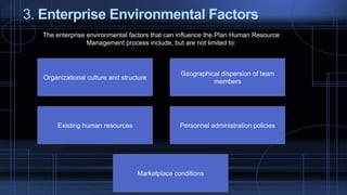 3. Enterprise Environmental Factors
The enterprise environmental factors that can influence the Plan Human Resource
Management process include, but are not limited to:
Existing human resources
Geographical dispersion of team
members
Personnel administration policies
Organizational culture and structure
Marketplace conditions
 
