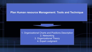 Plan Human resource Management: Tools and Technique
1. Organizational Charts and Positions Description
2. Networking
3. Organizational Theory
4. Expert Judgment
 