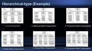 Hierarchical-type (Example)
1. Functional Organization
2. Weak Matrix Organization
3. Balanced Matrix Organization
4. Strong Matrix Organization
5. Projectized Matrix Organization
6. Composite Matrix Organization
 