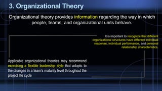 3. Organizational Theory
Organizational theory provides information regarding the way in which
people, teams, and organizational units behave.
It is important to recognize that different
organizational structures have different individual
response, individual performance, and personal
relationship characteristics.
Applicable organizational theories may recommend
exercising a flexible leadership style that adapts to
the changes in a team’s maturity level throughout the
project life cycle
 