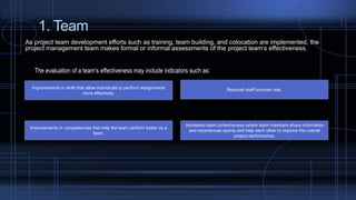 1. Team
As project team development efforts such as training, team building, and colocation are implemented, the
project management team makes formal or informal assessments of the project team’s effectiveness.
The evaluation of a team’s effectiveness may include indicators such as:
Improvements in skills that allow individuals to perform assignments
more effectively,
Improvements in competencies that help the team perform better as a
team,
Reduced staff turnover rate,
Increased team cohesiveness where team members share information
and experiences openly and help each other to improve the overall
project performance.
 