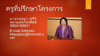 ครูที่ปรึกษาโครงการ
นางกฤตยา ศรีริ
หมายเลขโทรศัพท์
0854198801
E-mail Address
kitayapoo@hotmail.c
om
4
 