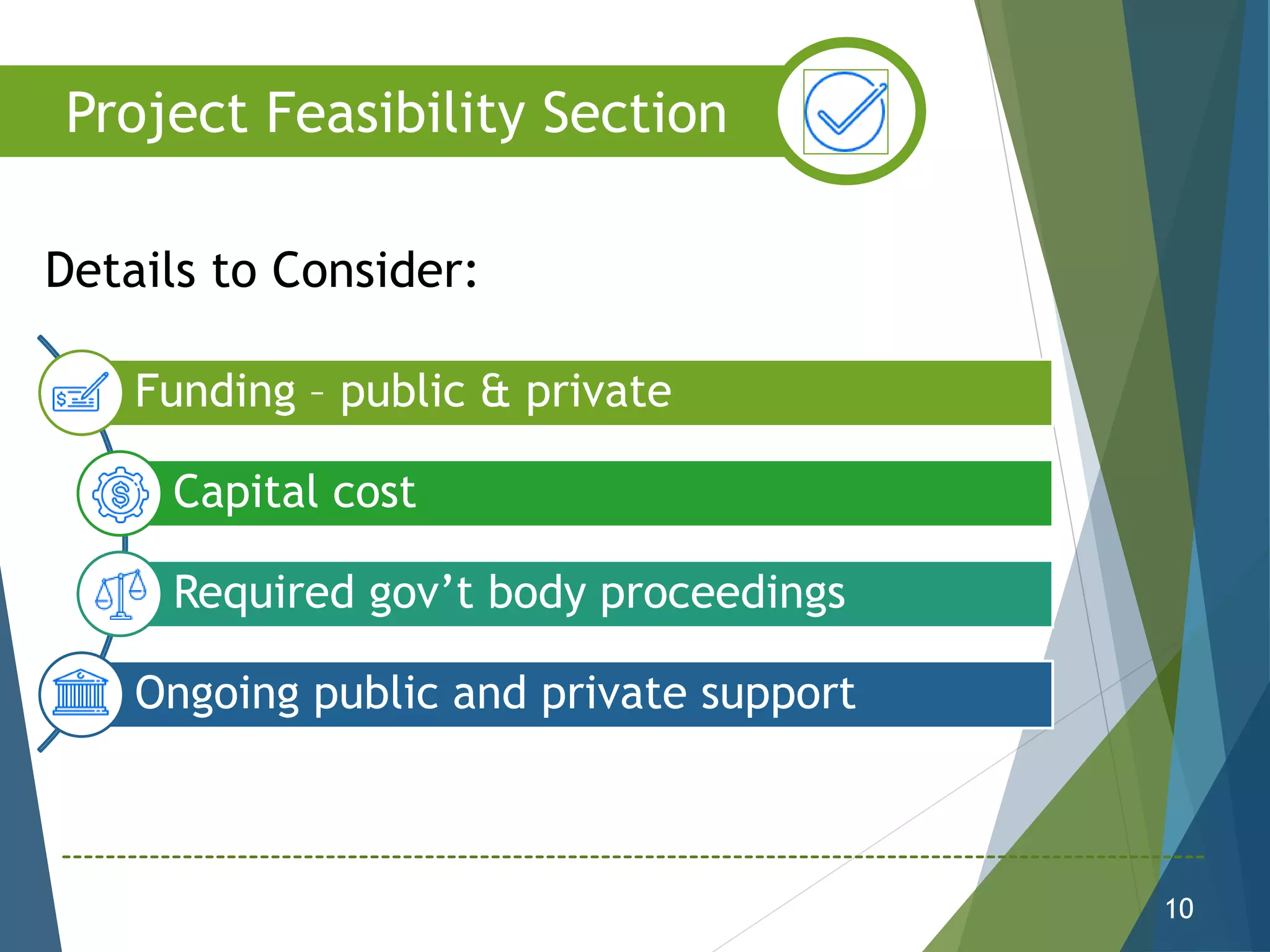 Funding – public & private
Capital cost
Required gov’t body proceedings
Ongoing public and private support
10
Project Feasibility Section
Details to Consider:
 