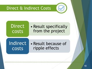 • Result specifically
from the project
Direct
costs
• Result because of
ripple effects
Indirect
costs
18
Direct & Indirect Costs
 