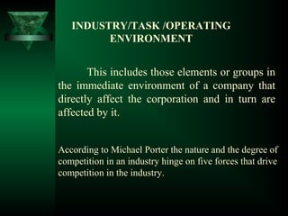 This includes those elements or groups in
the immediate environment of a company that
directly affect the corporation and in turn are
affected by it.
INDUSTRY/TASK /OPERATING
ENVIRONMENT
According to Michael Porter the nature and the degree of
competition in an industry hinge on five forces that drive
competition in the industry.
 