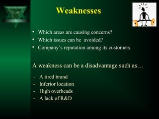Weaknesses

Which areas are causing concerns?

Which issues can be avoided?

Company’s reputation among its customers.
A weakness can be a disadvantage such as…
- A tired brand
- Inferior location
- High overheads
- A lack of R&D
 