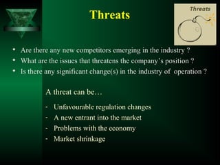 Threats

Are there any new competitors emerging in the industry ?

What are the issues that threatens the company’s position ?

Is there any significant change(s) in the industry of operation ?
A threat can be…
- Unfavourable regulation changes
- A new entrant into the market
- Problems with the economy
- Market shrinkage
 