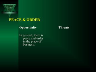 PEACE & ORDER
Opportunity
In general, there is
peace and order
in the place of
business.
Threats
 