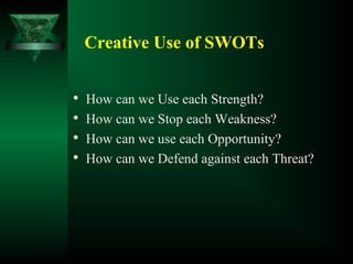 Creative Use of SWOTs

How can we Use each Strength?

How can we Stop each Weakness?

How can we use each Opportunity?

How can we Defend against each Threat?
 