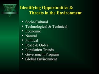 Identifying Opportunities &
Threats in the Environment

Socio-Cultural

Technological & Technical

Economic

Natural

Political

Peace & Order

Population Trends

Government Program

Global Environment
 