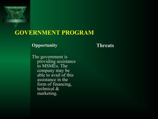 GOVERNMENT PROGRAM
Opportunity
The government is
providing assistance
to MSMEs. The
company may be
able to avail of this
assistance in the
form of financing,
technical &
marketing.
Threats
 