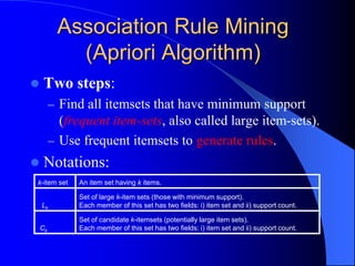 Association Rule Mining
(Apriori Algorithm)
 Two steps:
– Find all itemsets that have minimum support
(frequent item-sets, also called large item-sets).
– Use frequent itemsets to generate rules.
 Notations:
k-item set An item set having k items.
Lk
Set of large k-item sets (those with minimum support).
Each member of this set has two fields: i) item set and ii) support count.
Ck
Set of candidate k-itemsets (potentially large item sets).
Each member of this set has two fields: i) item set and ii) support count.
 