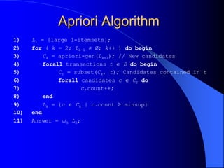 Apriori Algorithm
1) L1 = {large 1-itemsets};
2) for ( k = 2; Lk-1  Ø; k++ ) do begin
3) Ck = apriori-gen(Lk-1); // New candidates
4) forall transactions t  D do begin
5) Ct = subset(Ck, t); Candidates contained in t
6) forall candidates c  Ct do
7) c.count++;
8) end
9) Lk = {c  Ck | c.count  minsup}
10) end
11) Answer = k Lk;
 