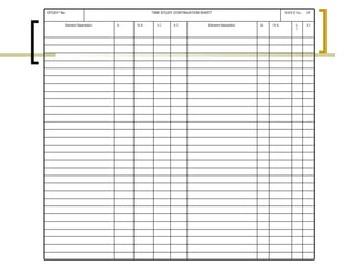 STUDY No.:   TIME STUDY CONTINUATION SHEET   SHEET No.:  OF   Element Description   R.   W.R.   S.T.   B.T   Element Description   R.   W.R.   S.T.   B.T   
