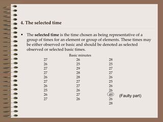 4. The selected time The  selected time  is the time chosen as being representative of a group of times for an element or group of elements. These times may be either observed or basic and should be denoted as selected observed or selected basic times. Basic minutes 27 26 28 26 25 25 27 29 27 27 28 27 26 28 26 27 27 25 26 27 26 25 26 26 26 27 49 27 26 26 28 (Faulty part) 