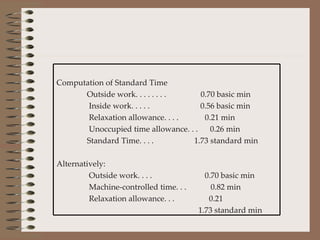 Computation of Standard Time Outside work. . . . . . . .  0.70 basic min Inside work. . . . .  0.56 basic min Relaxation allowance. . . .  0.21 min Unoccupied time allowance. . .  0.26 min Standard Time. . . .  1.73 standard min Alternatively: Outside work. . . .  0.70 basic min Machine-controlled time. . .  0.82 min Relaxation allowance. . .  0.21 1.73 standard min 